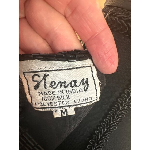 Vintage Sequin Peacock Feather Top Black Silk Blouse By Tenay Heavily Beaded - Picture 6 of 12